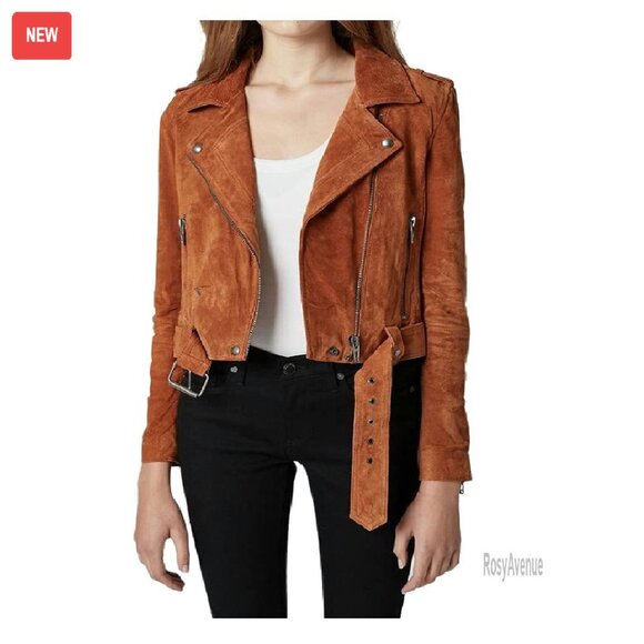 Suede Moto Jacket Small Premium Leather Belted Cropped Fit